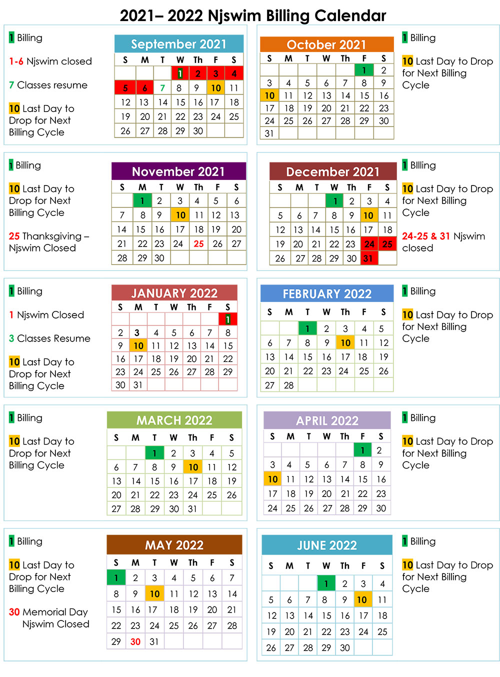 Njswim Billing Calendar - Njswim Schools - Five Locations in NJ