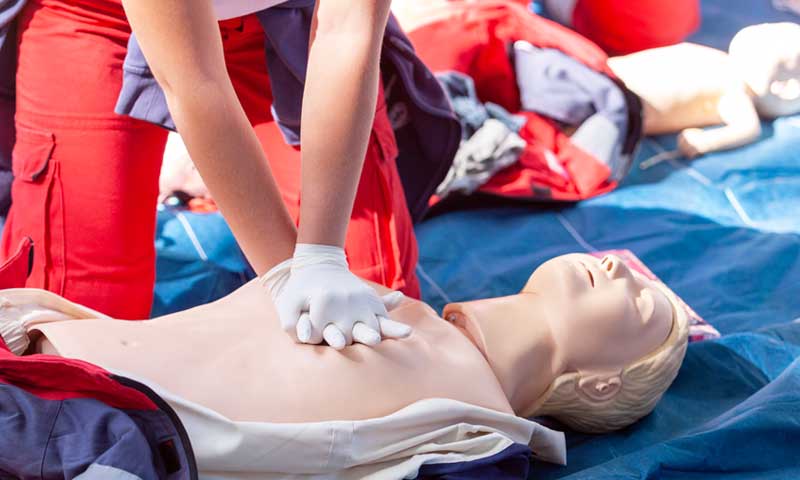 Lifeguard training to administer CPR chest compressions on dummies