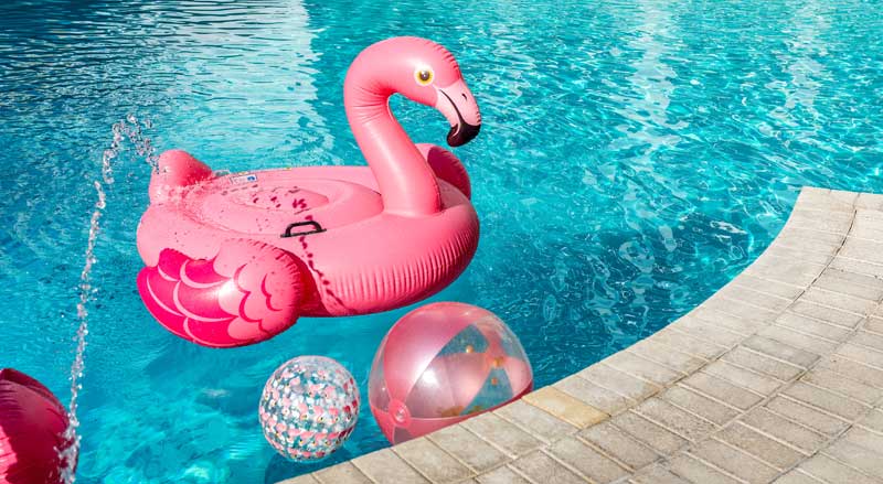 Several toys and a pink flamingo floating in a swimming pool