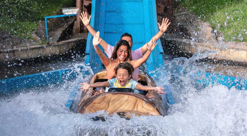 A family having fun on log flume ride at a water park